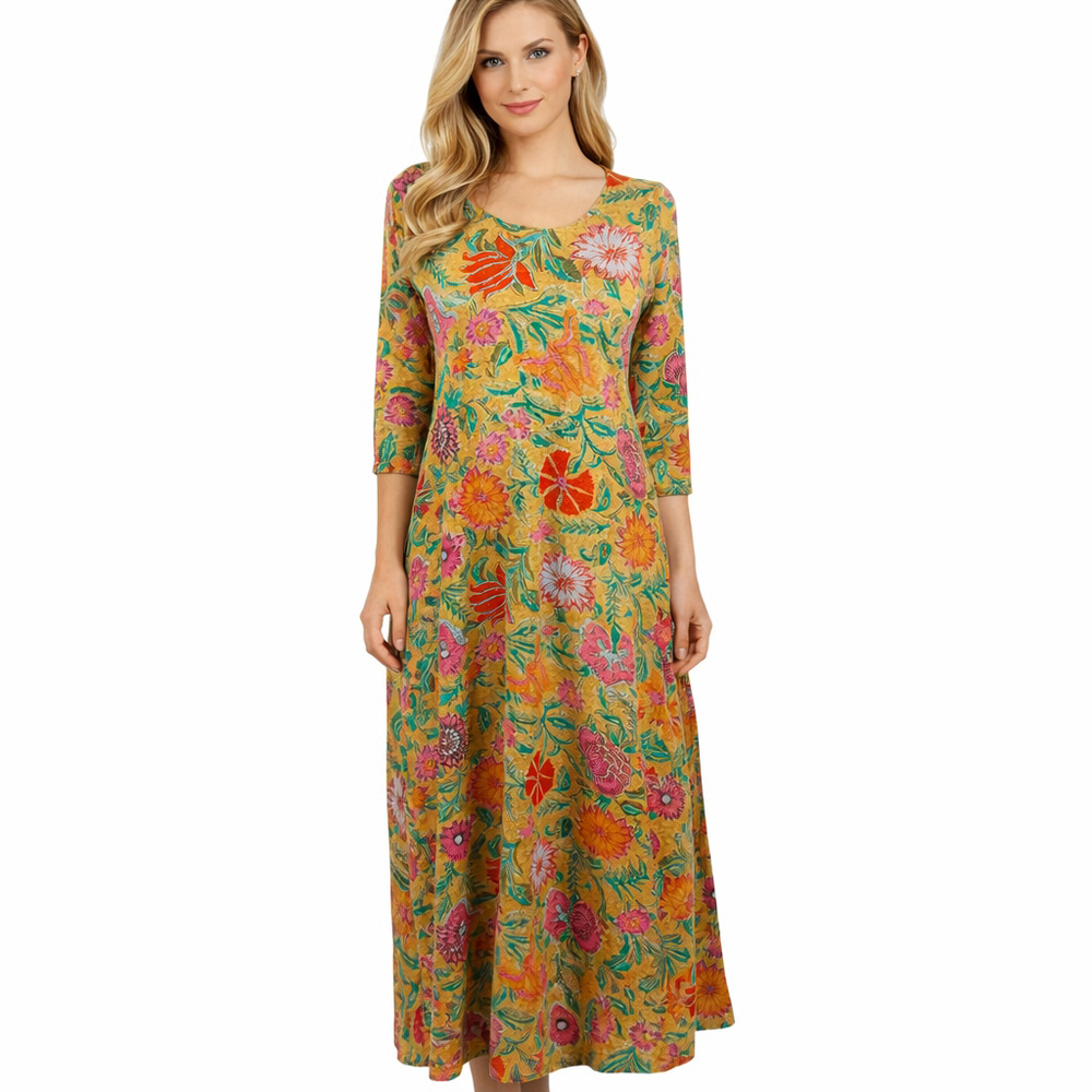Natural Life Lottie Sweater Knit Maxi Dress Tan Pink Floral Boho Cozy Size XS
